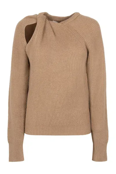 Stella Mccartney Ribbed Knit Long Sleeved Sweater In Beige