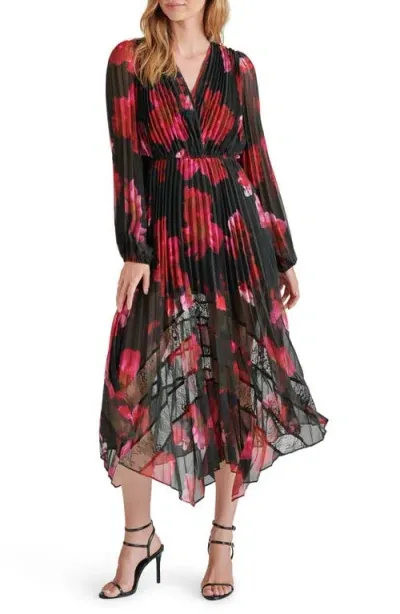 Steve Madden Ari Floral Pleated Long Sleeve Chiffon & Lace Dress In Pink Multi