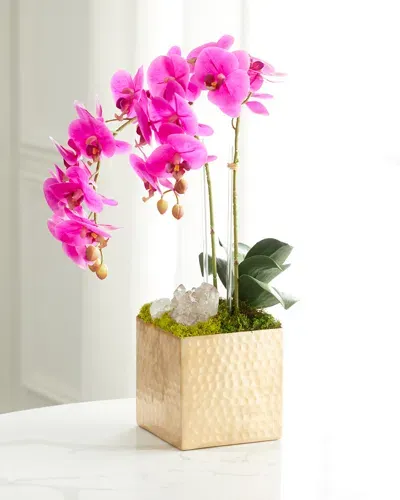 T & C Floral Company Double Orchid Faux Florals In Gold Hammered Metal Container With Quartz - 22" In Fuschia