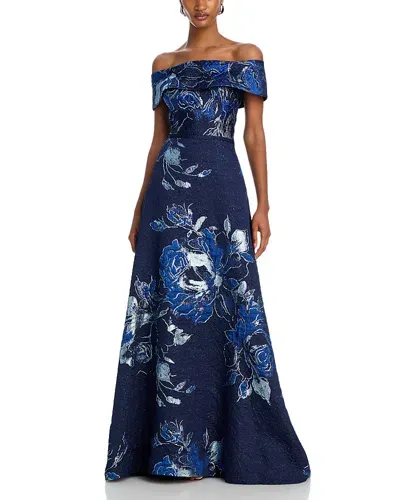 Teri Jon By Rickie Freeman Metallic Off-the-shoulder Gown In Navy Multi