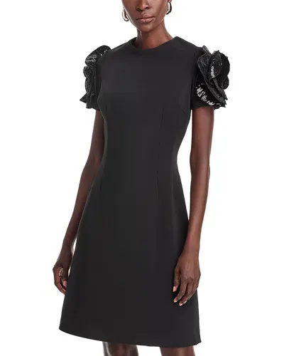 Teri Jon By Rickie Freeman Stretch Crepe Sequin Flower Short Sleeve Sheath Dress In Black