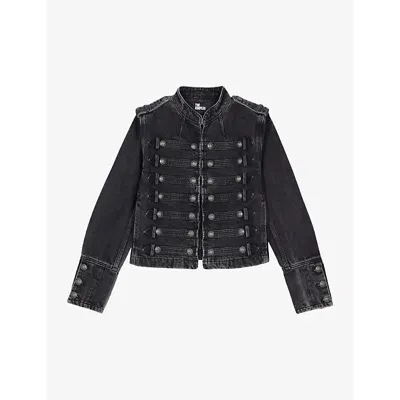 The Kooples Womens Black Washed Button-embellished Slim-fit Denim Jacket