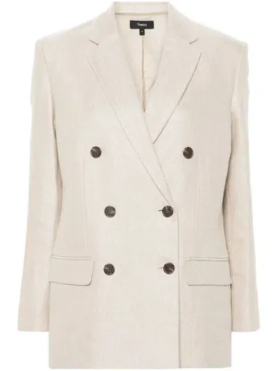 Theory Double-breasted Blazer In Basket Weave Linen In Beige