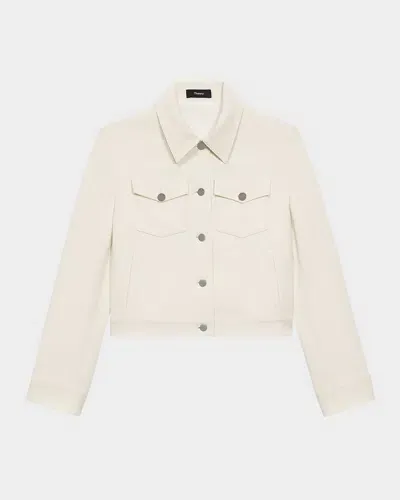 Theory Shrunken Trucker Cropped Crepe Jacket In Rice