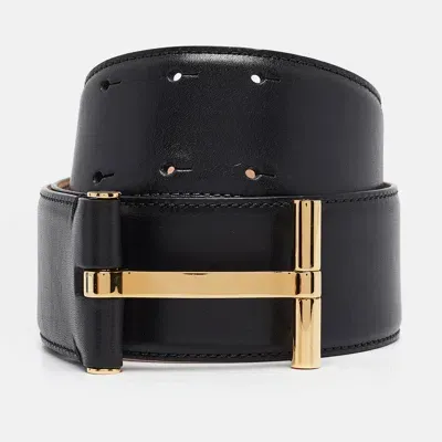 Pre-owned Tom Ford Black Leather T Buckle Wide Belt 75cm