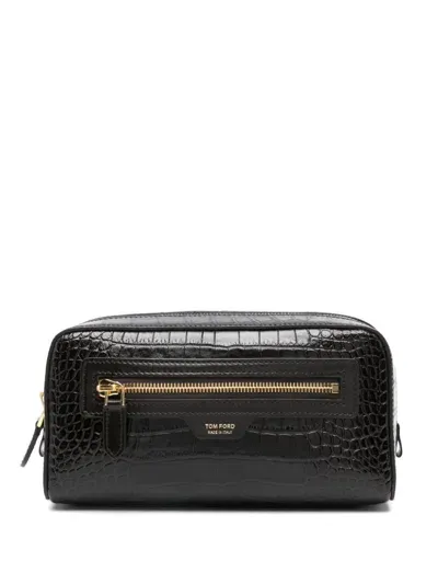 Tom Ford Crocodile-embossed Zipped Clutch Bag In Brown