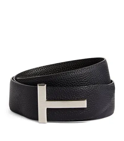 Tom Ford Leather Reversible T Ridge Belt In Black