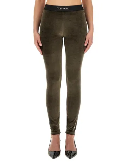 Tom Ford Stretch Lustrous Velour Signature Leggings In Military Green