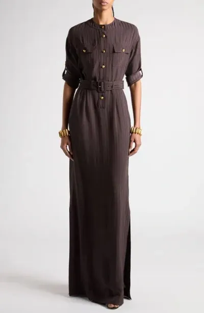 Tom Ford Whitney Chain Stripe Belted Satin Shirtdress In Dark Brown