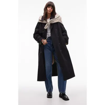 Topshop High Pile Fleece Lined Trench Coat In Charcoal