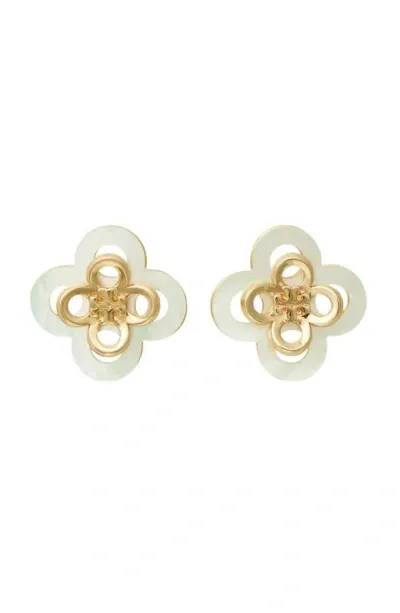 Tory Burch Kira Stacked Clover Stud Earrings In White/gold