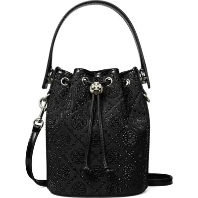 Tory Burch Mini T Monogram Hot Fix Bucket Bag In Black/silver