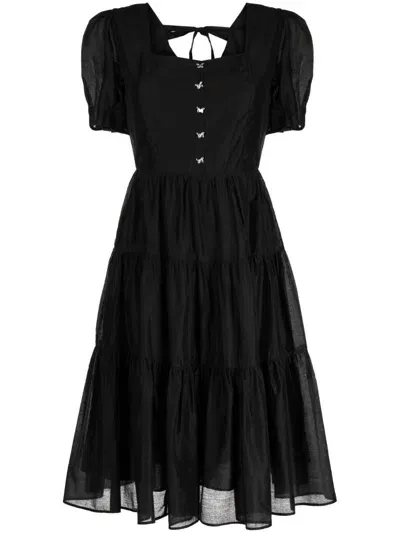 Tout A Coup Butterfly-buttoned Tiered Dress In Black