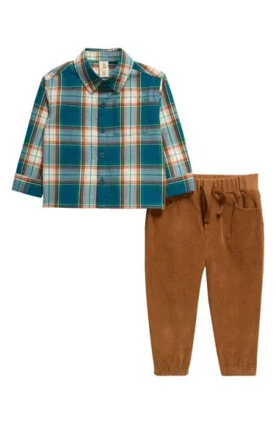 Tucker + Tate Babies'  Plaid Button-up Shirt & Corduroy Joggers Set In Teal Feather Danny Plaid Brown