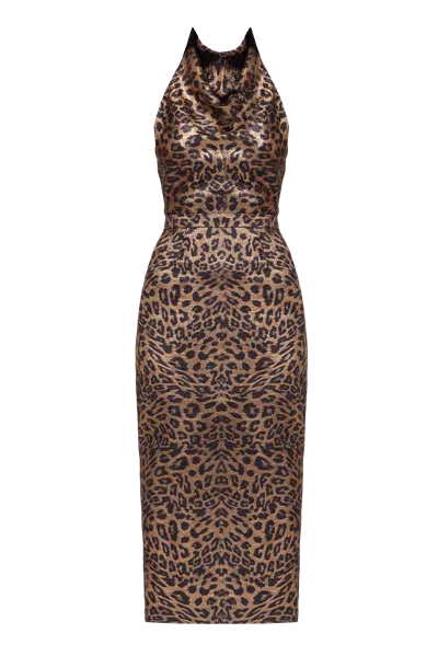 Undress Lara Metallic Animal Print  Midi Cowl Neck Dress In Brown