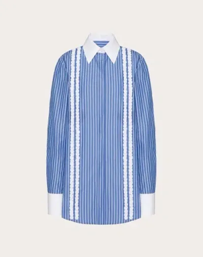 Valentino Floral-trim Stripe-print Cotton Shirt In 蓝色