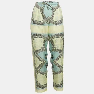 Pre-owned Valentino Turquoise/yellow Printed Silk Straight Pants L