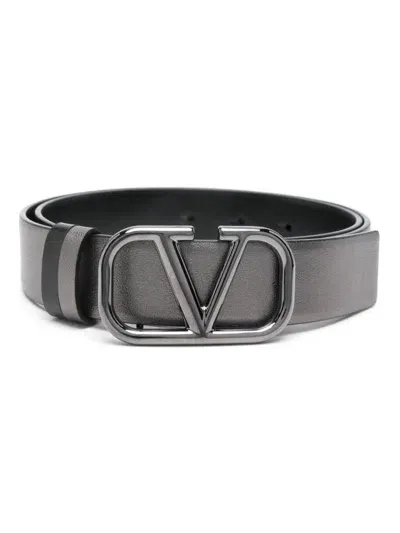 Valentino Garavani Vlogo Signature Reversible Leather Belt In Grey