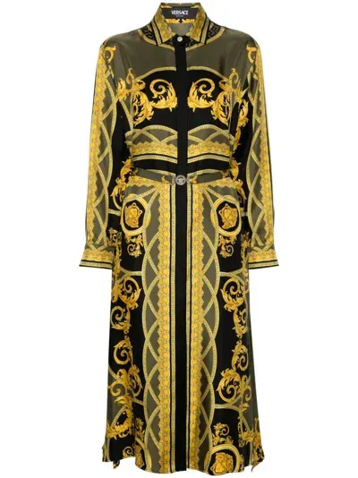 Versace Barocco-print Belted Midi Dress In Multicolor