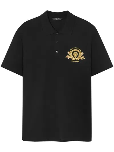 Versace Coupe Blason Embroidered Polo Shirt In Black