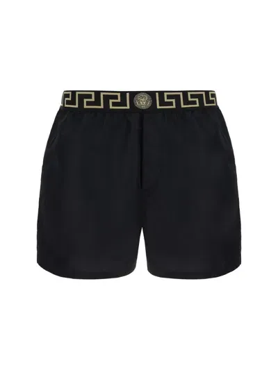 Versace Black Swimsuit Shorts With Greca Detail In Tech Fabric Man