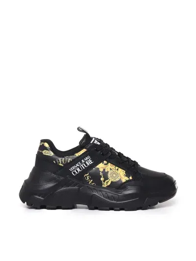 Versace Jeans Couture Chain-link Print Leather Low-top Sneakers In Black