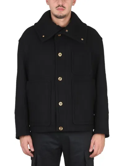 Versace Long Sleeved Buttoned Peacoat In Black