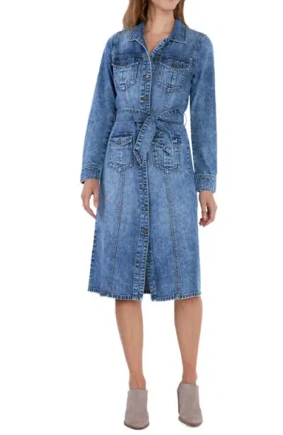 Wash Lab Denim Mabel Retro Tie Belt Long Sleeve Denim Midi Shirtdress In Clear Blue