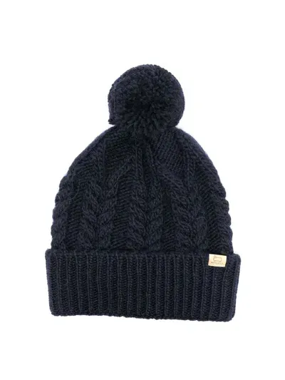 Woolrich Cable Pom Pom Beanie Wool And Alpaca Cap In Blue