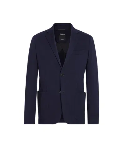 Zegna Wool Notched-lapels Blazer In Navy