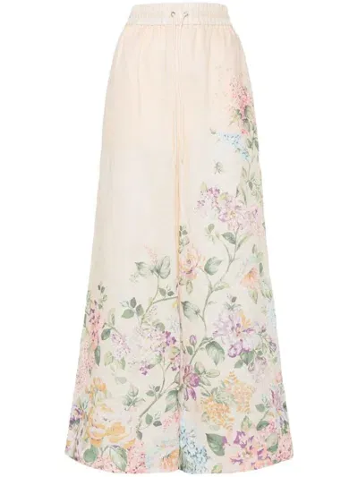 Zimmermann Halliday Floral Palazzo Trousers In Beige