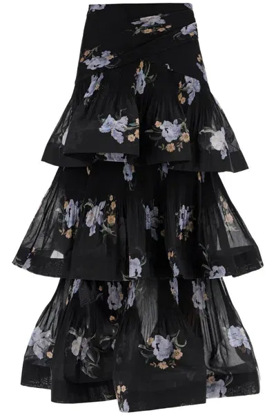 Zimmermann Pleated Ruffle Skirt With Floral Print In Black