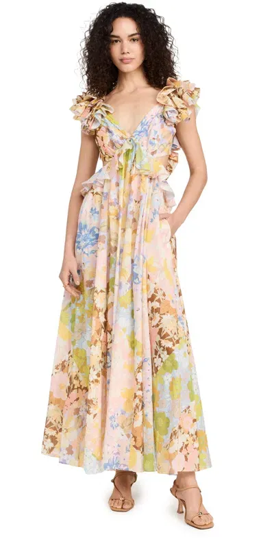 Zimmermann Pop Ruffle Sleeve Midi Dress Patch Floral