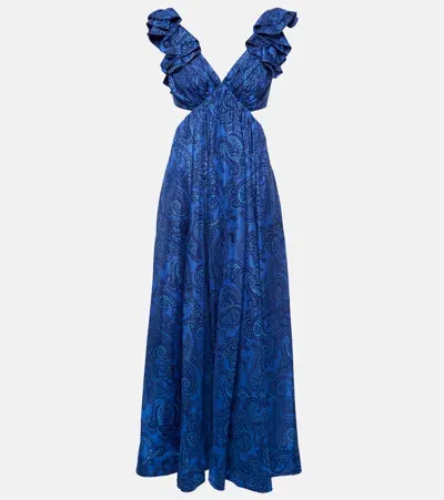 Zimmermann Ruffled Paisley Silk Midi Dress In Blue