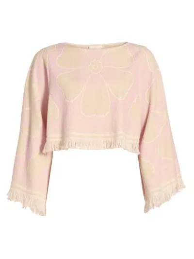 Zimmermann Pop Fringed Cropped Cotton-terry Jacquard Top In Pink Cream