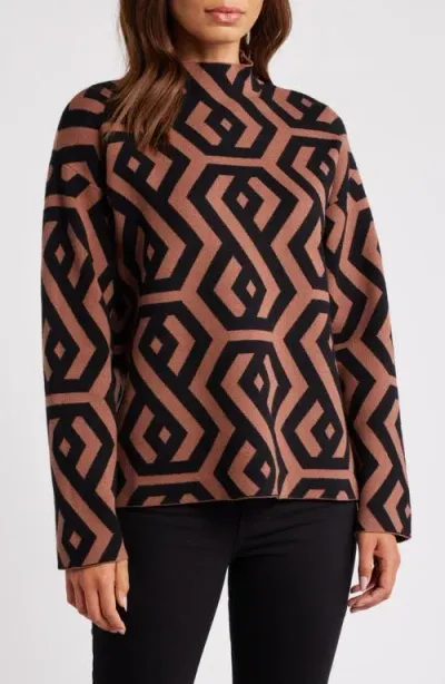 Zoe And Claire Funnel Neck Jacquard Sweater In Brown