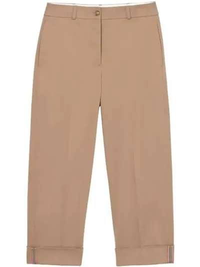 Burberry Icon Stripe Detail Stretch Cotton Cropped Trousers In Brown