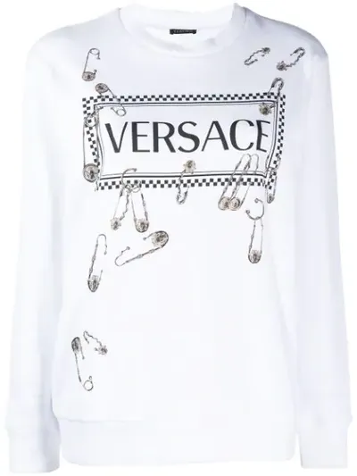 Versace Safety Pin And 90s Logo Print Sweatshirt In White