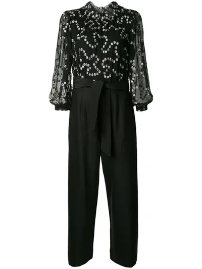 Rebecca Taylor Nuage Metallic Dot Mix Media Silk & Wool Blend Jumpsuit In Black/gunmetal