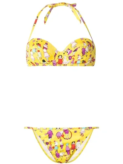 Pre-owned Chanel 2001 People Print Bikini Set In Yellow