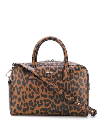 Ganni Brown Leopard Print Leather Top Handle Bag In Brown,black