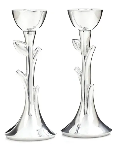 Nambe Tree Of Life Sabbath Candlesticks Two-piece Set In Silver