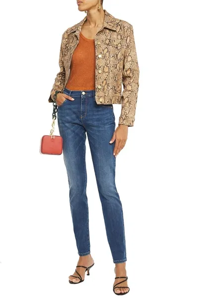 Roberto Cavalli Embroidered Faded Mid-rise Skinny Jeans In Mid Denim