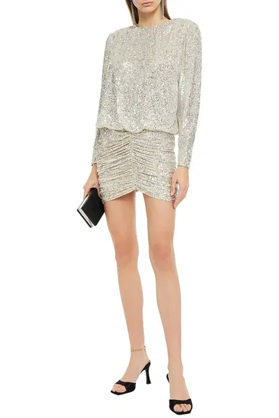 Retroféte Flynn Ruched Sequined Tulle Mini Dress In Silver