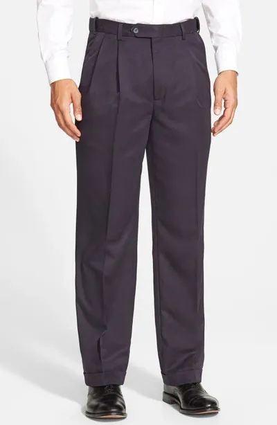 Berle Self Sizer Waist Pleated Classic Fit Microfiber Trousers In Navy