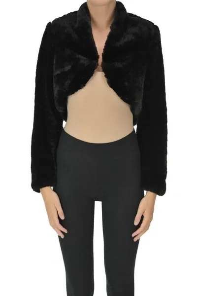 Nualy Cropped Eco-fur Jacket In Black