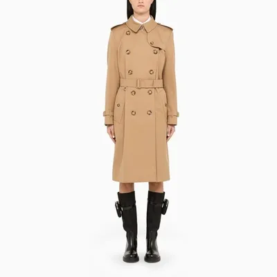 Burberry Camel Logoed Kensington Trench Coat In Beige