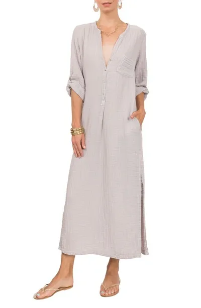 Everyday Ritual Tracy Gauze Cotton Henley Caftan In Light Grey