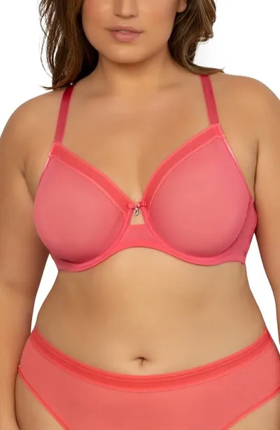 Curvy Couture Full Figure Mesh Underwire Bra In Sun Kissed Coral