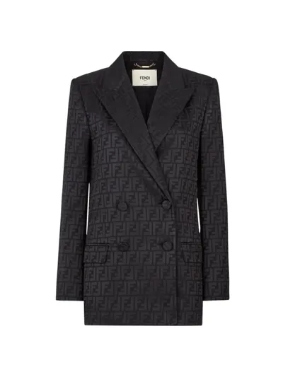 Fendi Logo Jacquard Double-breasted Crepe Blazer In Black